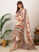 Thumbnail for Embroidered & Printed Asymmetric Kurta With Palazzo & Printed Dupatta, Cream - Hiral Fashion - Distacart