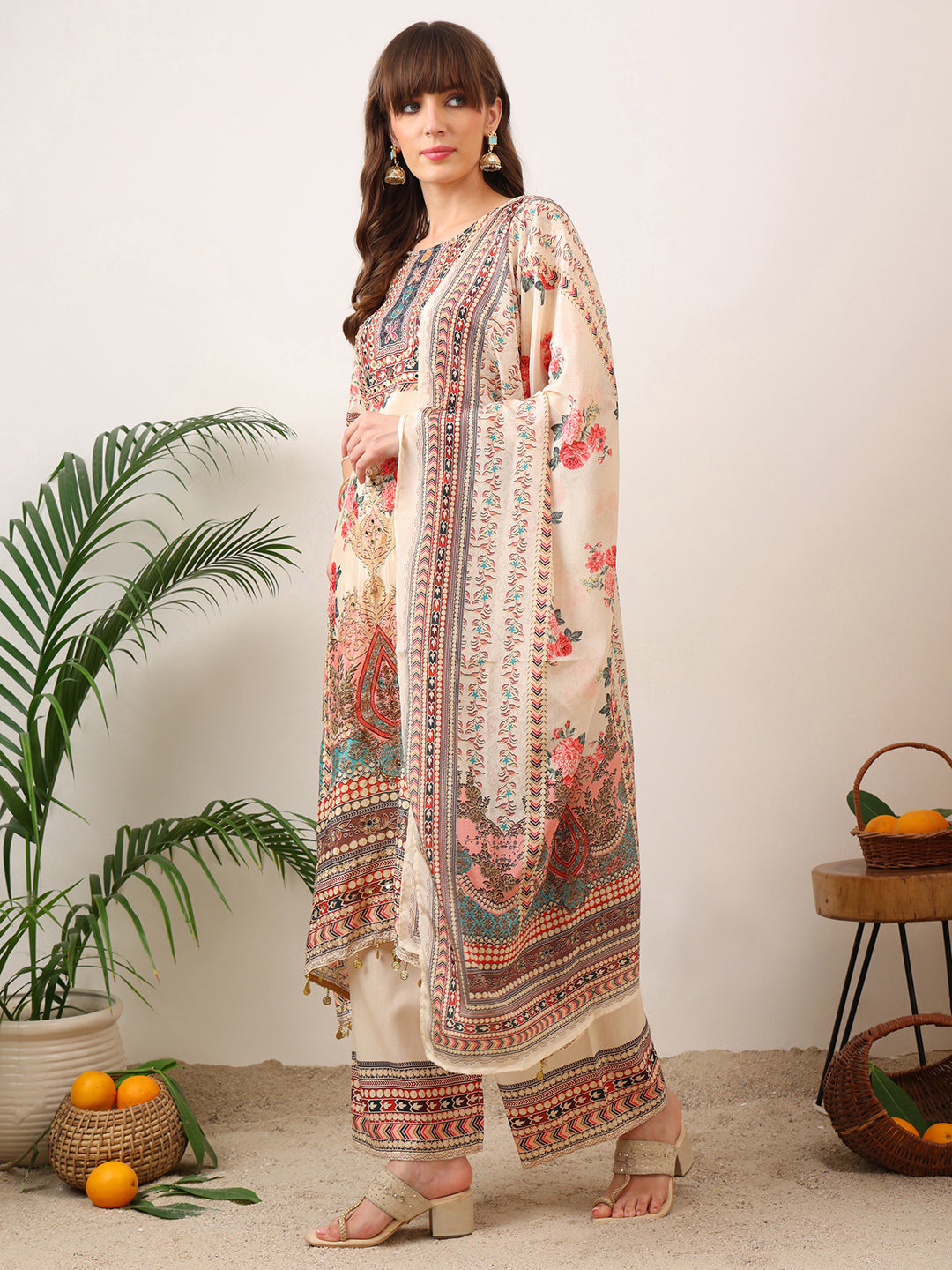 Embroidered & Printed Asymmetric Kurta With Palazzo & Printed Dupatta, Cream - Hiral Fashion - Distacart