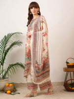 Thumbnail for Embroidered & Printed Asymmetric Kurta With Palazzo & Printed Dupatta, Cream - Hiral Fashion - Distacart