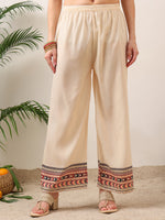 Thumbnail for Embroidered & Printed Asymmetric Kurta With Palazzo & Printed Dupatta, Cream - Hiral Fashion - Distacart