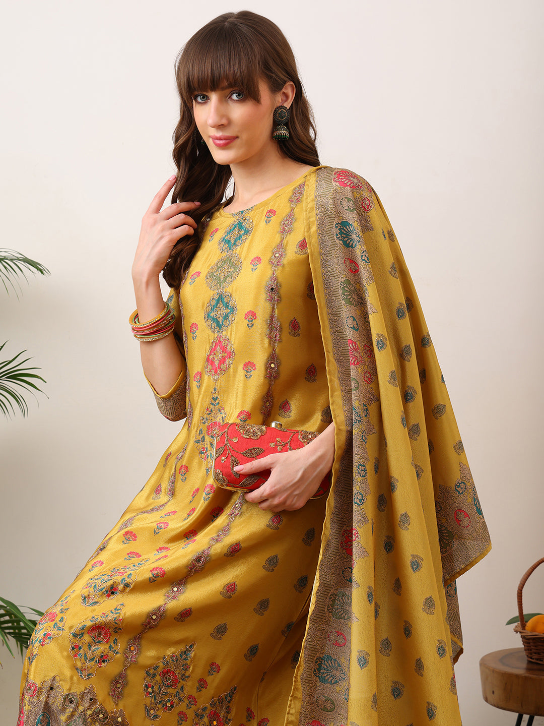Embroidered & Printed Asymmetric Kurta With Palazzo & Printed Dupatta, Mustard - Hiral Fashion - Distacart