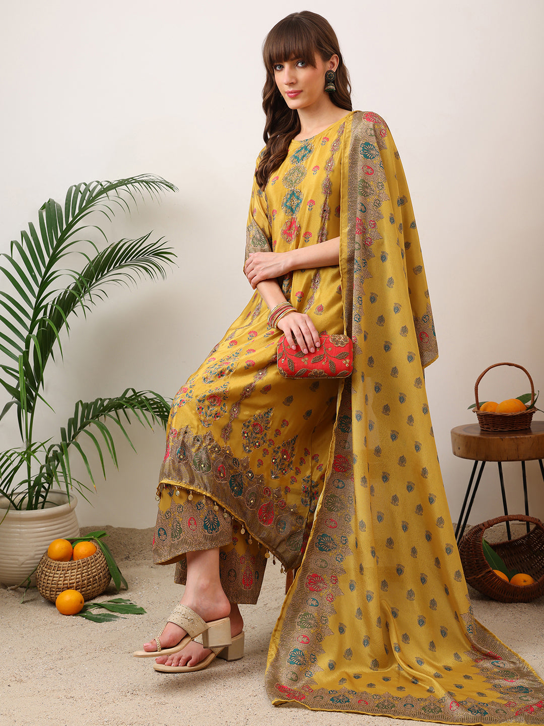 Embroidered & Printed Asymmetric Kurta With Palazzo & Printed Dupatta, Mustard - Hiral Fashion - Distacart