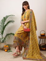 Thumbnail for Embroidered & Printed Asymmetric Kurta With Palazzo & Printed Dupatta, Mustard - Hiral Fashion - Distacart
