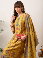Thumbnail for Embroidered & Printed Asymmetric Kurta With Palazzo & Printed Dupatta, Mustard - Hiral Fashion - Distacart