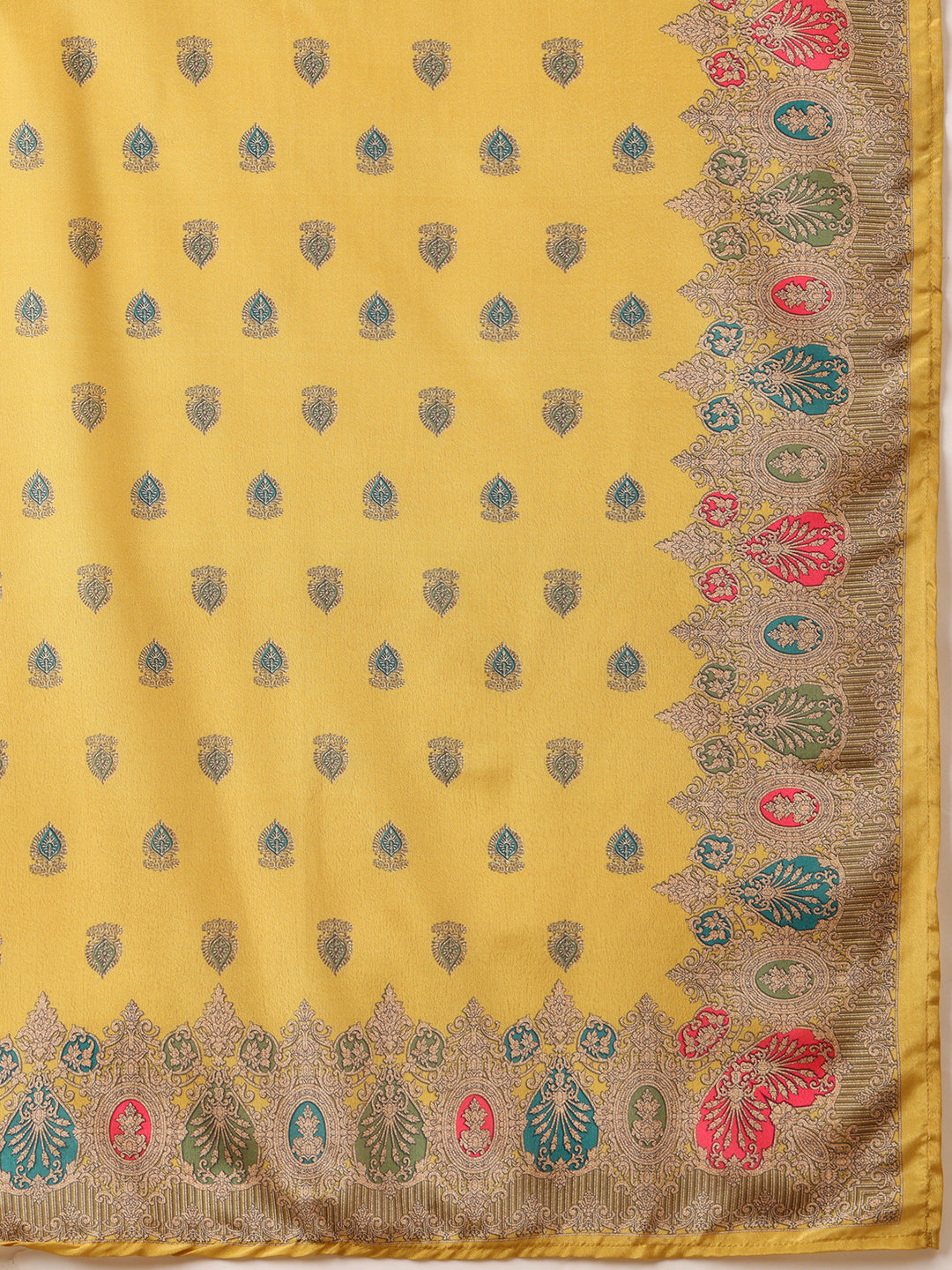 Embroidered & Printed Asymmetric Kurta With Palazzo & Printed Dupatta, Mustard - Hiral Fashion - Distacart