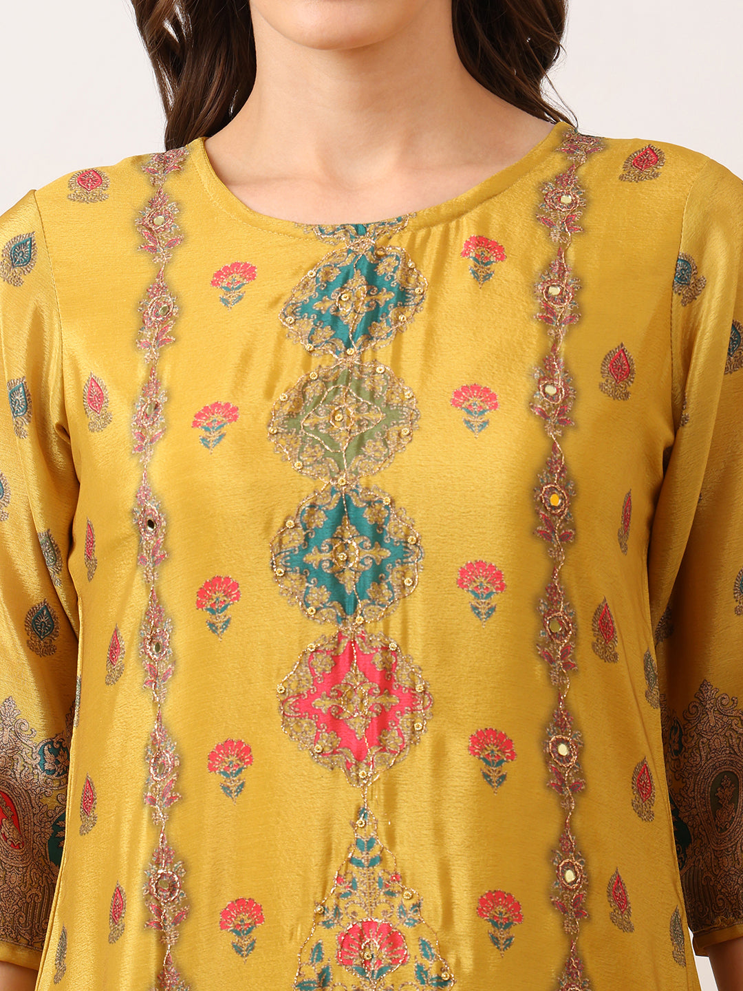 Embroidered & Printed Asymmetric Kurta With Palazzo & Printed Dupatta, Mustard - Hiral Fashion - Distacart