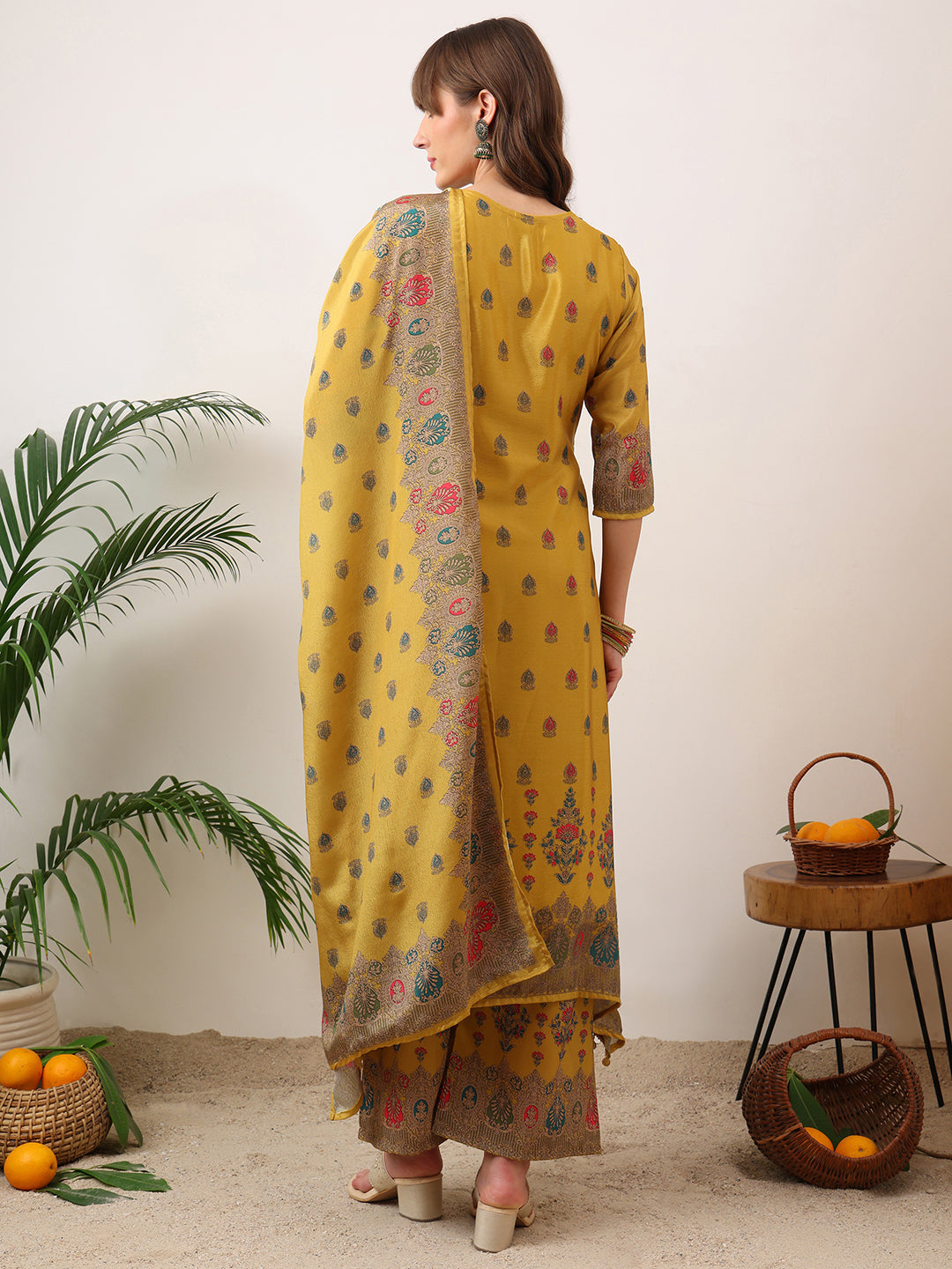 Embroidered & Printed Asymmetric Kurta With Palazzo & Printed Dupatta, Mustard - Hiral Fashion - Distacart