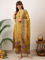 Thumbnail for Embroidered & Printed Asymmetric Kurta With Palazzo & Printed Dupatta, Mustard - Hiral Fashion - Distacart