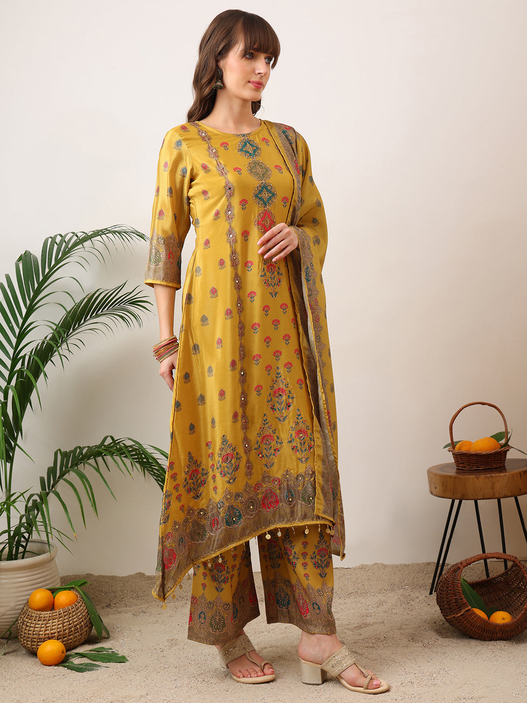 Embroidered & Printed Asymmetric Kurta With Palazzo & Printed Dupatta, Mustard - Hiral Fashion - Distacart