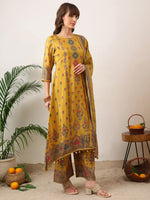 Thumbnail for Embroidered & Printed Asymmetric Kurta With Palazzo & Printed Dupatta, Mustard - Hiral Fashion - Distacart