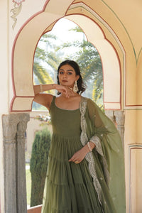 Thumbnail for Aastha Fashion Women's Mehendi Faux Georgette 5 Layer Frill Work Anarkali Dress with Dupatta - Distacart