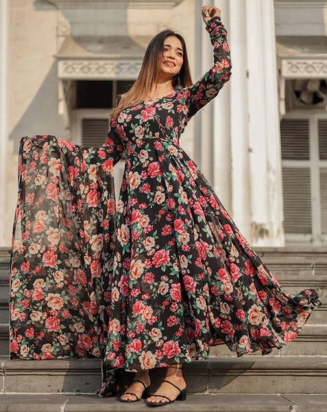 Floral Printed Knee Length Elbow Length Sleeves Round Neck Kurti And Palazzo Set With Net Dupatta (Black) - Hiral Fashion