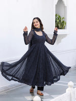 Thumbnail for Floral Printed Knee Length Elbow Length Sleeves Round Neck Kurti And Palazzo Set With Net Dupatta (Black) - Hiral Fashion