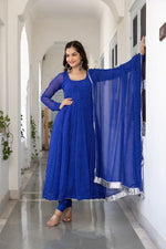 Thumbnail for Floral Printed Knee Length Elbow Length Sleeves Round Neck Kurti And Palazzo Set With Net Dupatta (Blue) - Hiral Fashion