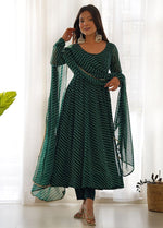 Thumbnail for Floral Printed Knee Length Elbow Length Sleeves Round Neck Kurti With Net Dupatta (Green) - Hiral Fashion