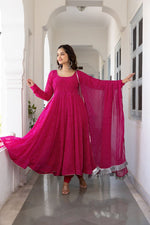 Thumbnail for Floral Printed Knee Length Elbow Length Sleeves Round Neck Kurti And Palazzo Set With Net Dupatta (Pink) - Hiral Fashion