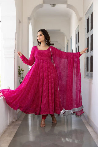 Floral Printed Knee Length Elbow Length Sleeves Round Neck Kurti And Palazzo Set With Net Dupatta (Pink) - Hiral Fashion