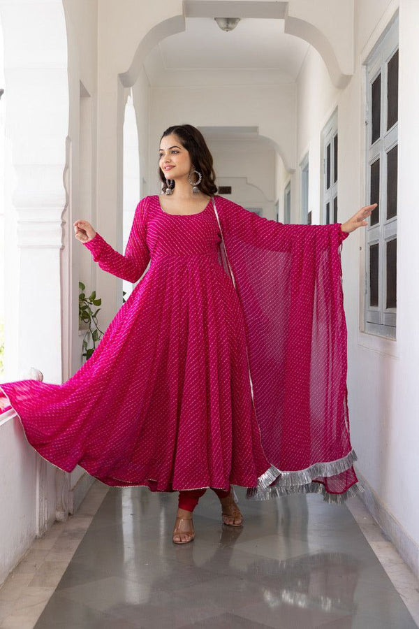 Floral Printed Knee Length Elbow Length Sleeves Round Neck Kurti And Palazzo Set With Net Dupatta (Pink) - Hiral Fashion