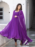 Thumbnail for Floral Printed Knee Length Elbow Length Sleeves Round Neck Kurti And Palazzo Set With Net Dupatta (Purple) - Hiral Fashion