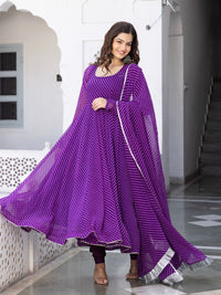 Thumbnail for Floral Printed Knee Length Elbow Length Sleeves Round Neck Kurti And Palazzo Set With Net Dupatta (Purple) - Hiral Fashion