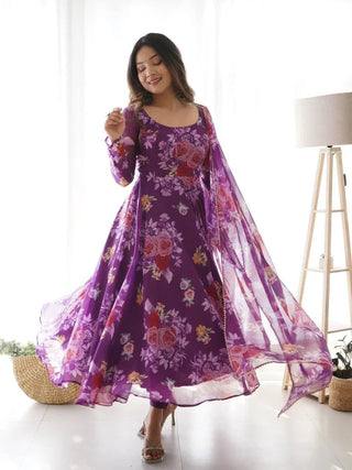 Floral Printed Knee Length Elbow Length Sleeves Round Neck Kurti And Palazzo Set With Net Dupatta (Purple) - Hiral Fashion