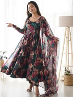 Thumbnail for Women's Flared Georgette Anarkali With Printed Dupatta Set (Black) - Hiral Fashion