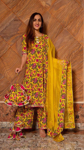Floral Printed Knee Length Elbow Length Sleeves Round Neck Kurti And Palazzo Set With Net Dupatta (Mustard) - Hiral Fashion