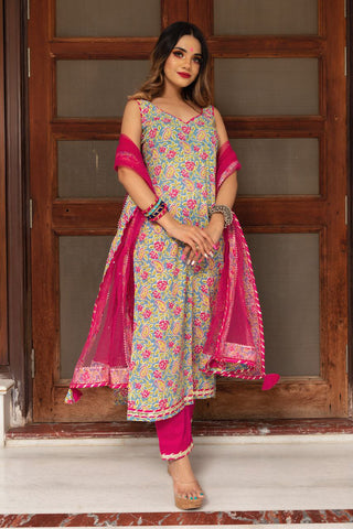 Women's Floral Printed Knee Length V Neck Sleeveless Kurti And Pant Set With Dupatta (Pink) - Hiral Fashion