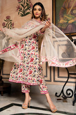Thumbnail for Floral Printed Knee Length V Neck 3/4 Sleeves Kurti And Pant Set With Net Dupatta (White) - Hiral Fashion