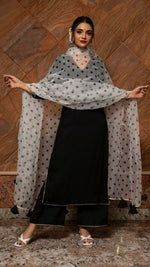Thumbnail for Women's Solid Rayon Kurti And Palazzo Set With Printed Organza Dupatta (Black) - Hiral Fashion