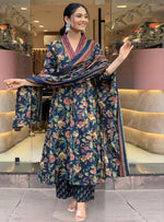 Thumbnail for Floral Printed Calf Length Flared Anarkali And Palazzo With Printed Dupatta (Blue) - Hiral Fashion