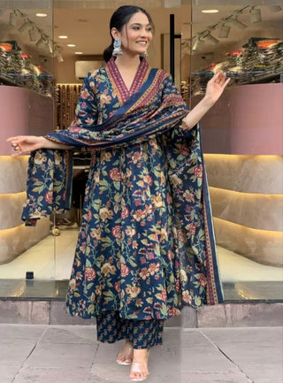 Floral Printed Calf Length Flared Anarkali And Palazzo With Printed Dupatta (Blue) - Hiral Fashion