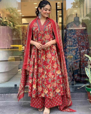 Floral Printed Calf Length Flared Anarkali And Palazzo With Printed Dupatta (Maroon) - Hiral Fashion