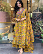 Thumbnail for Floral Printed Calf Length Flared Anarkali And Palazzo With Printed Dupatta (Mustard) - Hiral Fashion