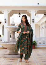 Thumbnail for Women's Knee Length Flared Anarkali Kurti And Pant Set With Printed Dupatta (Green) - Hiral Fashion