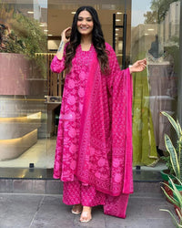 Thumbnail for Floral Printed Calf Length V Neck Kurti And Palazzo Set With Printed Cotton Dupatta (Pink) - Hiral Fashion