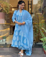 Thumbnail for Women's Floral Printed Calf Length Flared Kurti And Palazzo Set With Printed Dupatta (Blue) - Hiral Fashion