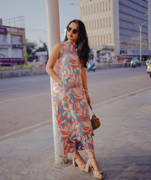 Women's Printed Knee Length Co-ords Set (Multicolor) - Hiral Fashion