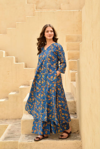 Floral Printed Knee Length v Neck Rayon Co-ords Set (Blue) - Hiral Fashion