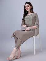Thumbnail for Women's Silk Blend Embroidered Kurti And Pant Set (Grey) - Hiral Fashion