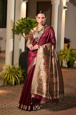Thumbnail for Vishnu Weaves Women's Maroon Soft Tussar Silk Printed Saree with Blouse