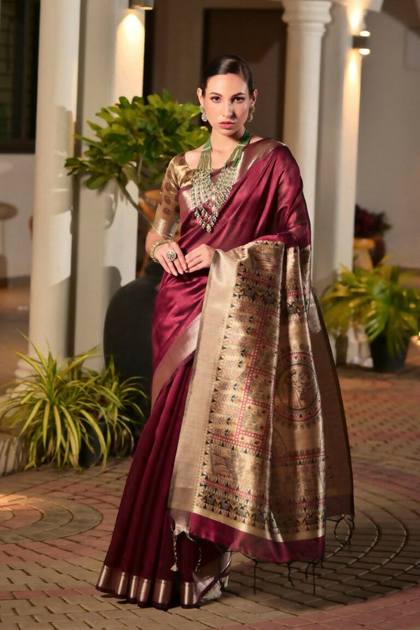 Vishnu Weaves Women's Maroon Soft Tussar Silk Printed Saree with Blouse