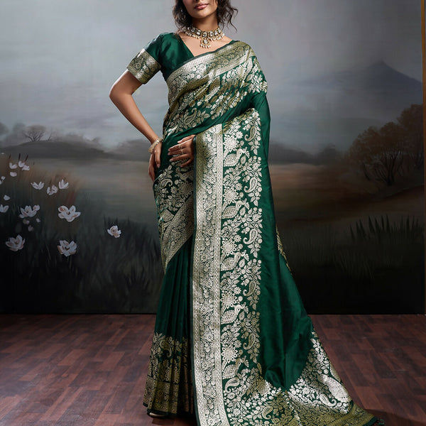 Shree Shyam Fashion Dark Green Silk Blend Saree - Distacart