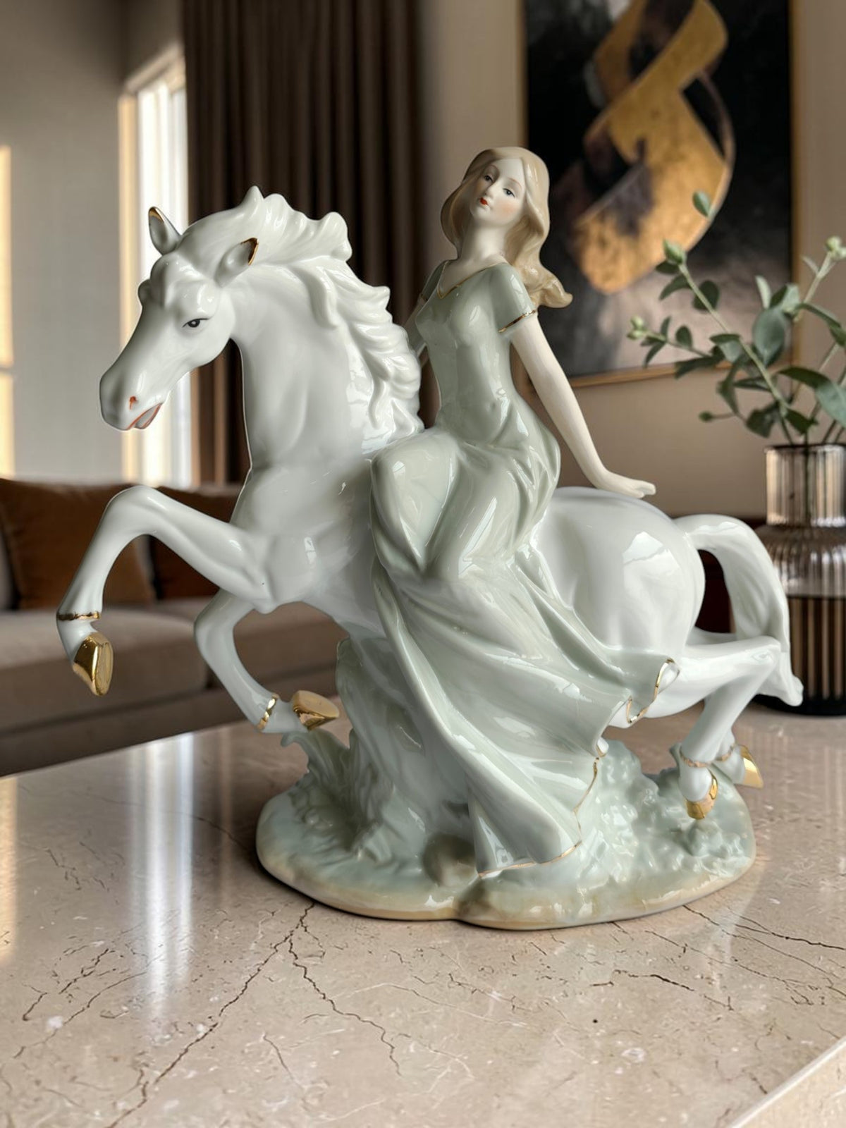 Sun Mun Decors Lady Riding White Horse Showpiece - Victorian Porcelain Princess Figurine