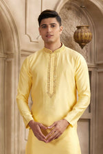Thumbnail for Raivat Ethnic Banarasi Art Silk Mirror Work Kurta Pajama In Yellow Colour