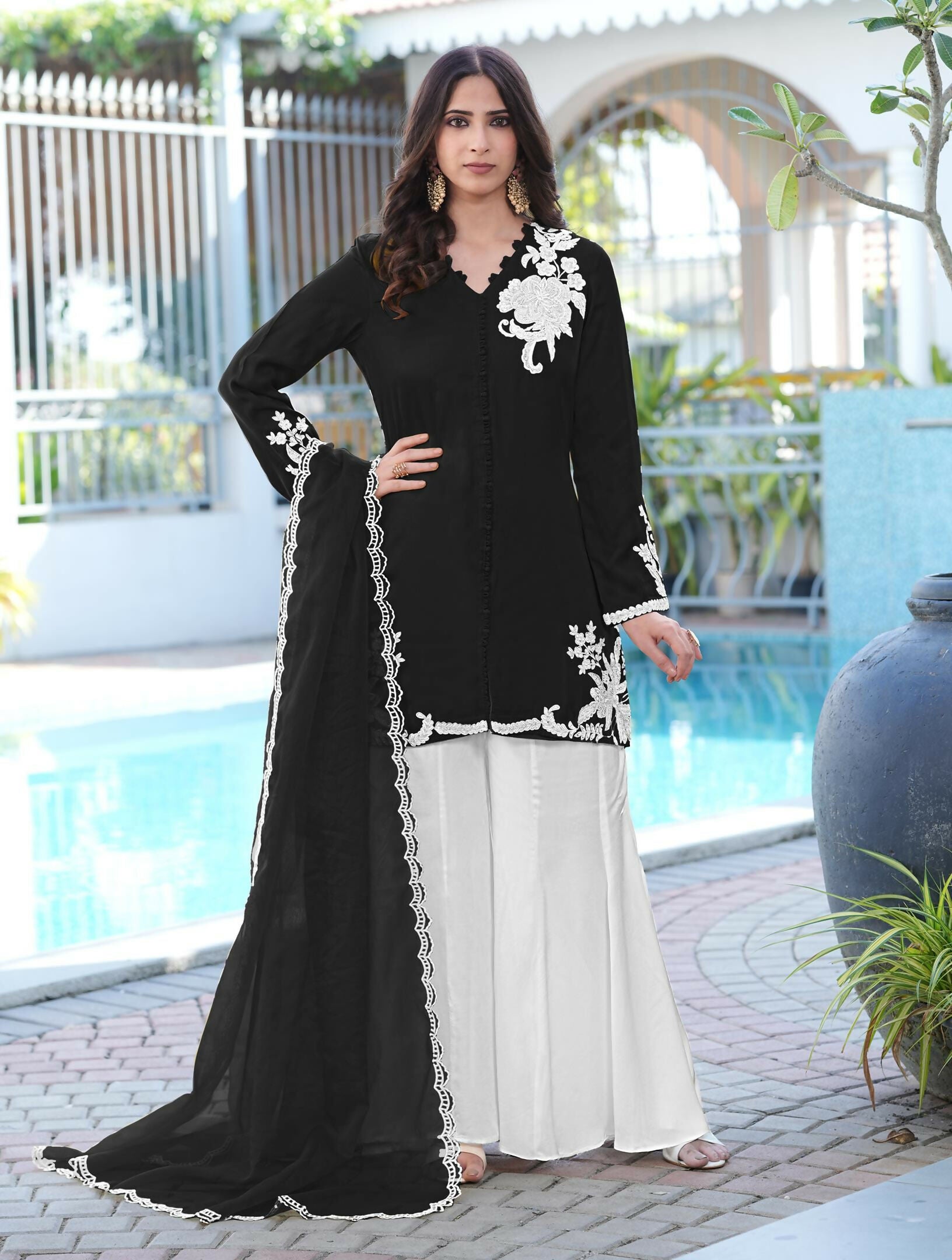 Nikhaar Black Embroidered Modal Silk Stitched Straight Cut Kurta Kalidar Palazzo Dupatta Readymade Suit - Dista