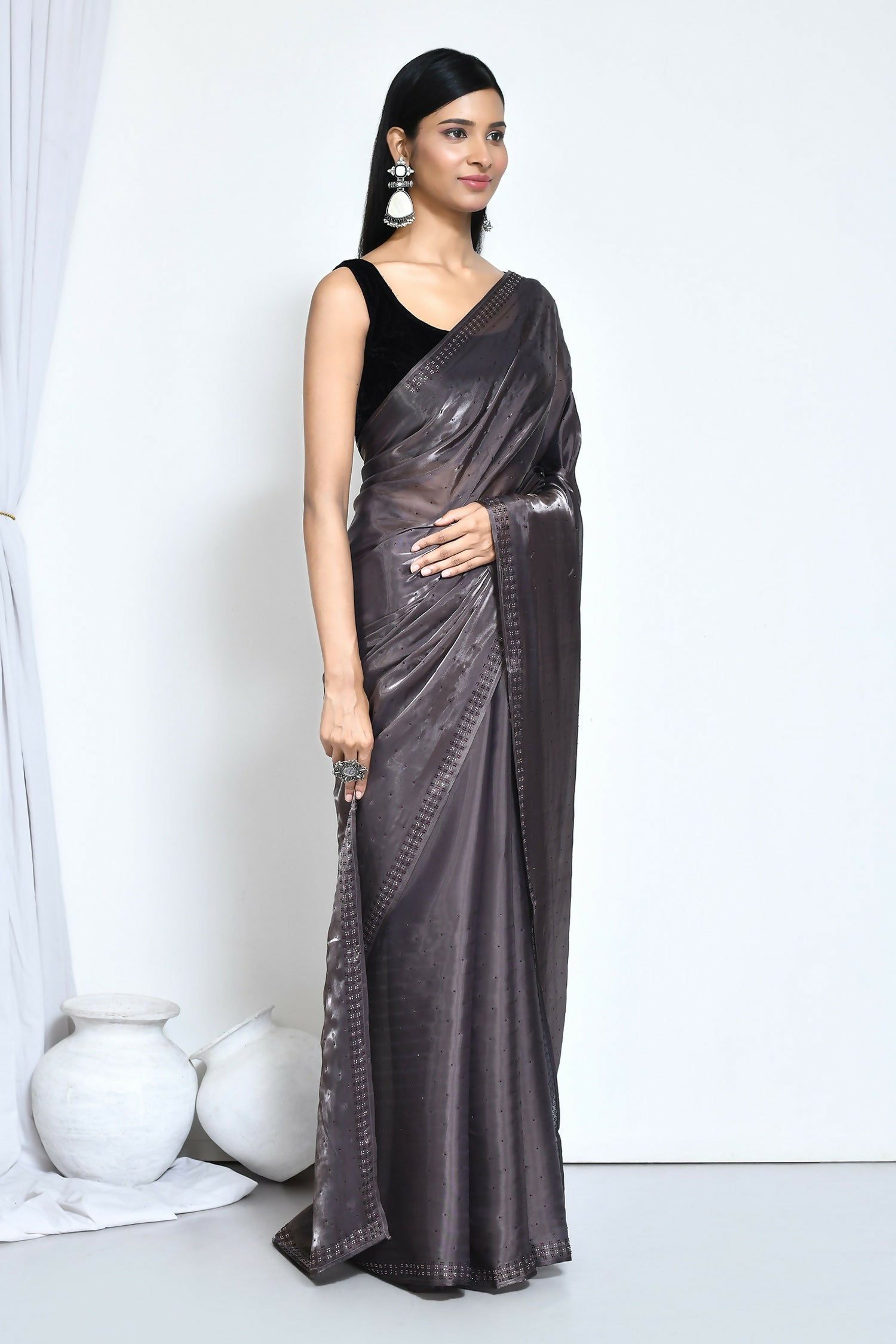 Grey Satin Silk Stone Work Festive Saree - Nimaya Denzy - Distacart