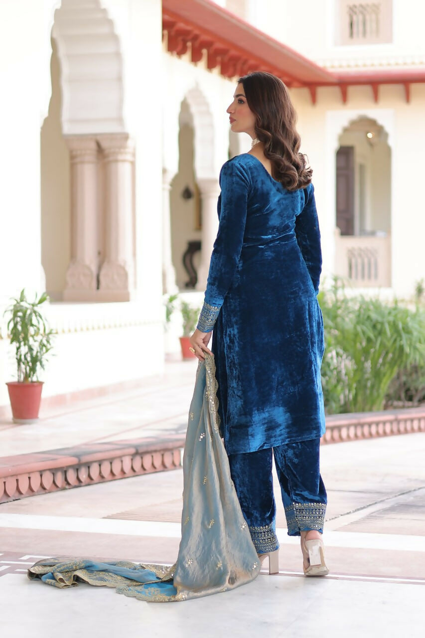 Vastranavya Morpeach Velvet With Rich Sequins & Zari Embroidered Work Top-Bottom With Dupatta - Distacart