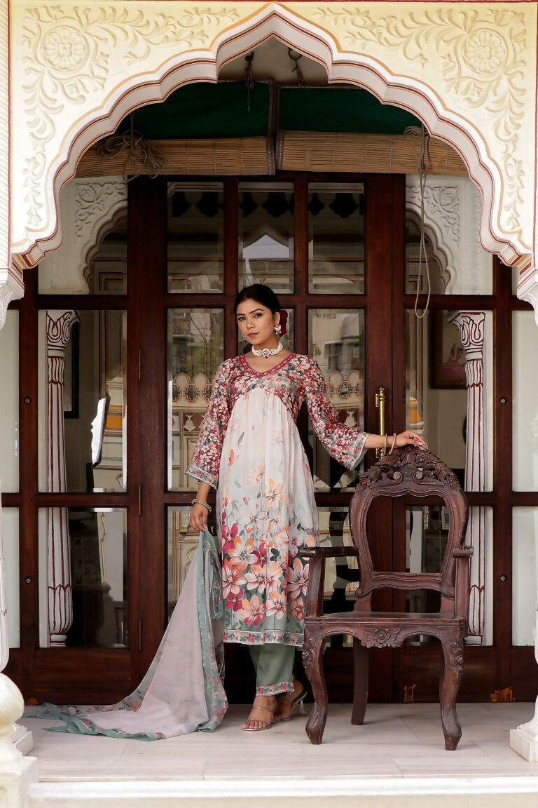 Vaasva Women Maroon Muslin Floral Printed Alia Cut Kurta, Pant & Dupatta set - Distacart