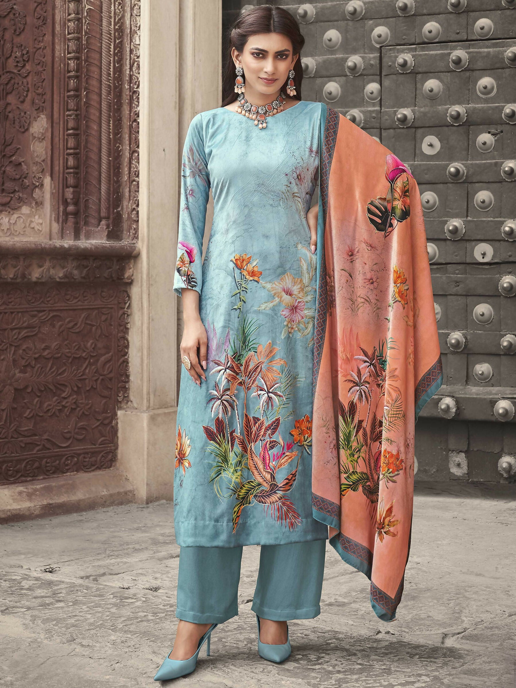 Jyoti Fashion Women's Sky Blue Velvet Floral Digital Printed Kurta with Trouser & Dupatta - Distacart